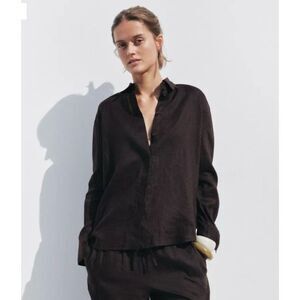 NWT ZARA 100% Linen Black Button Up Down Shirt